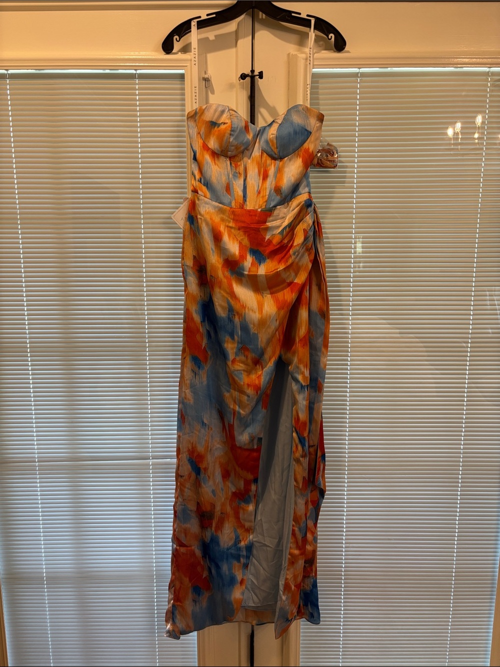 Strapless Watercolor Print Satin Evening Gown in Blue & Orange
